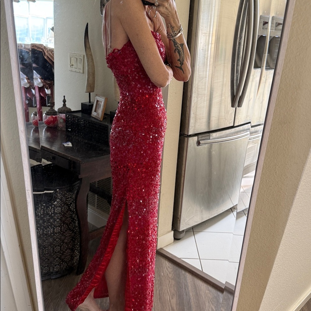 Scala gorgeous Red Sequin Dress evening gown side slit - Picture 4 of 14